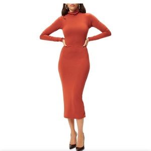 NEW Good American Sundown Turtleneck Bodycon Dress Midi Dress, Brick, 1
